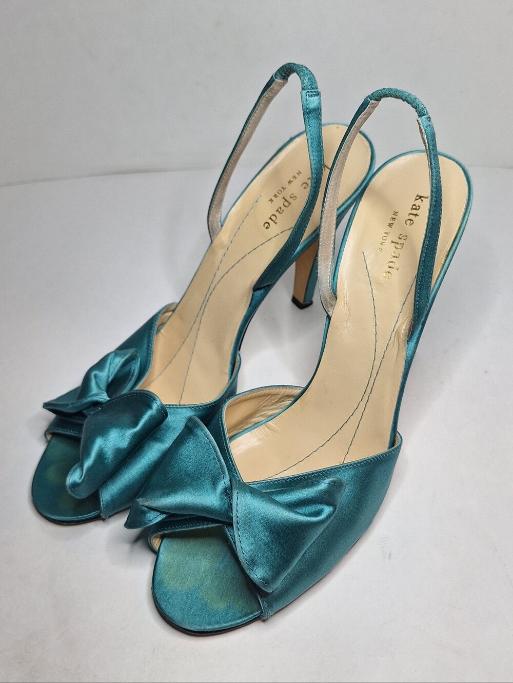 Kate Spade Spring 2005 Teal Satin Slingback Heels Womens Size 8 B Vintage y2k